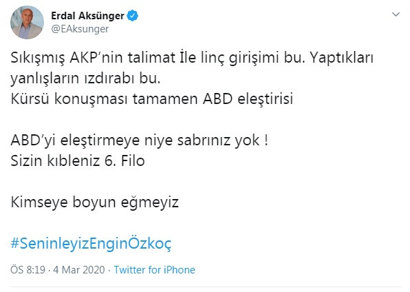 Erdal Aksünger'den AKP'li vekillere: ABD'yi eleştirmeye niye sabrınız yok! Sizin kıbleniz 6. Filo - Resim : 1