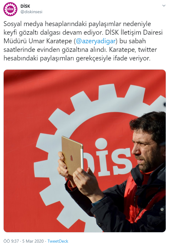 DİSK çalışanı Umar Karatepe gözaltına alındı - Resim : 1