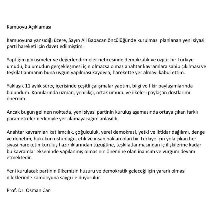 Osman Can'dan Ali Babacan açıklaması: Ortaya çıkan farklı parametreler nedeniyle... - Resim : 1
