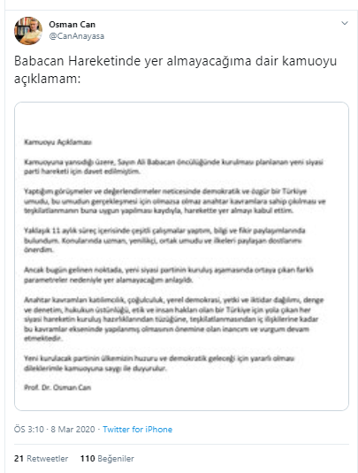 Osman Can'dan Ali Babacan açıklaması: Ortaya çıkan farklı parametreler nedeniyle... - Resim : 2