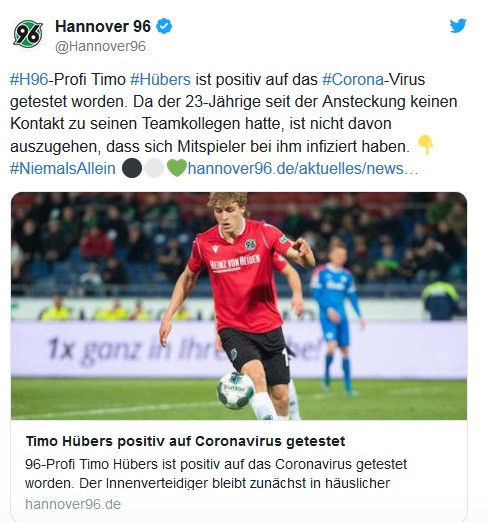 Bundesliga 2 takımı Hannover 96 duyurdu: Timo Hübers'te koronavirüs tespit edildi - Resim : 1