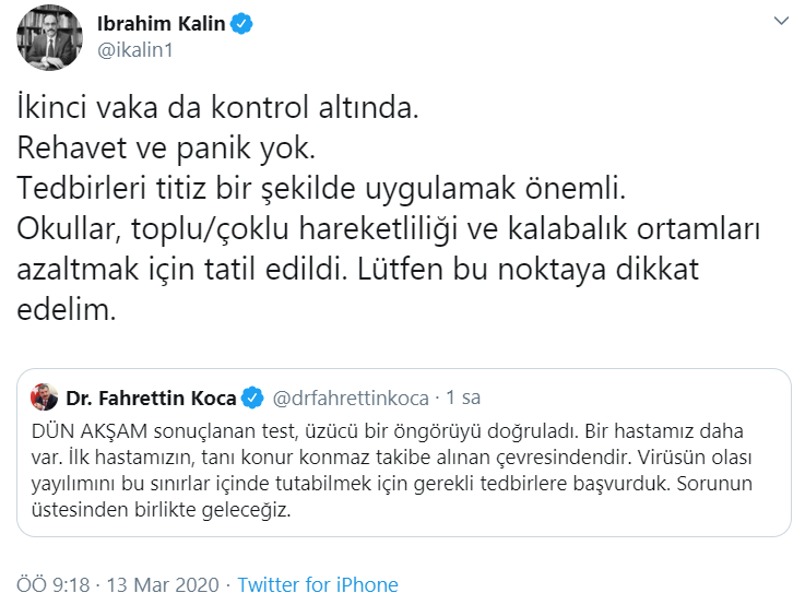 Kalın'dan ikinci koronavirüs vakasıyla ilgili açıklama - Resim : 1