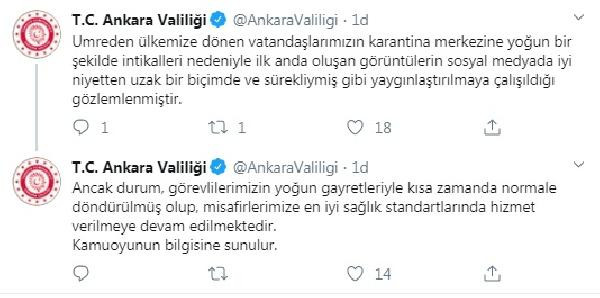 Ankara Valiliği'nden karantinaya alınan umre yolcularının görüntüleriyle ilgili açıklama - Resim : 1