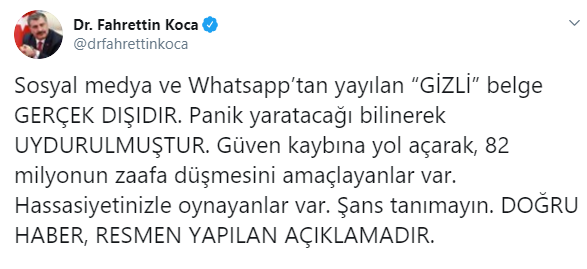 Bakan Koca uyardı: 'Gizli' belge adıyla yayılan görsel gerçek dışıdır - Resim : 1