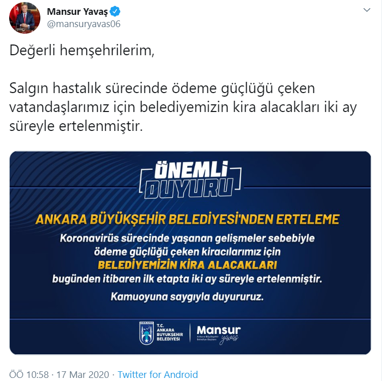 Mansur Yavaş müjdeledi: Kira borçlarına erteleme - Resim : 1