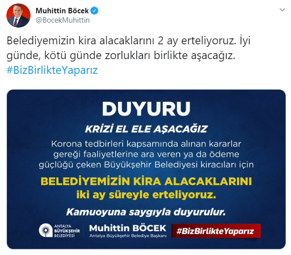 Muhittin Böcek duyurdu: Belediyemizin kira alacaklarını 2 ay erteliyoruz - Resim : 1