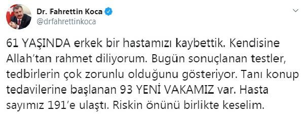 Sağlık Bakanı Fahrettin Koca duyurdu! Koronavirüsten bir kişi daha hayatını kaybetti - Resim : 1