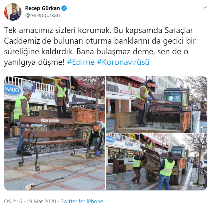 Edirne Belediyesi'nden koronavirüs önlemi: Banklar kaldırıldı - Resim : 1