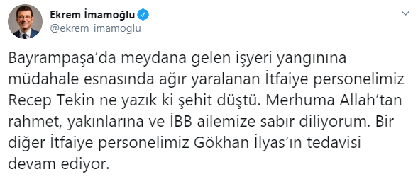 Acı haberi İmamoğlu duyurdu: Yangında yaralanan itfaiye personeli şehit oldu - Resim : 1