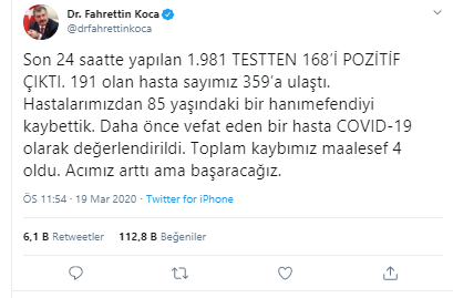 Sağlık Bakanı Fahrettin Koca açıkladı! Koronavirüsten hayatını kaybeden hasta sayısı 4 oldu - Resim : 1