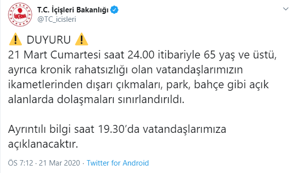 65 yaş üzeri vatandaşların sokağa çıkması sınırlandırıldı - Resim : 1