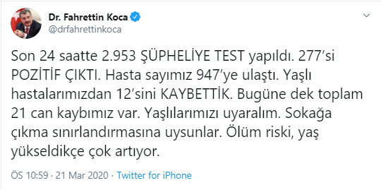 Türkiye'de koronavirüsten can kaybı 21'e yükseldi! Hasta sayısı 947... - Resim : 1