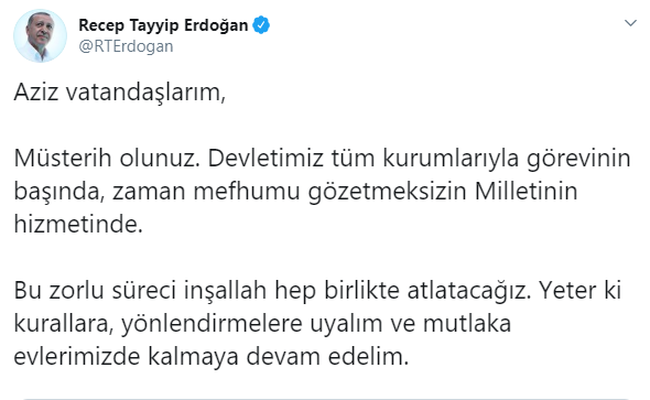 Erdoğan'dan gece yarısı videolu mesaj: Evlerimizde kalmaya devam edelim - Resim : 1
