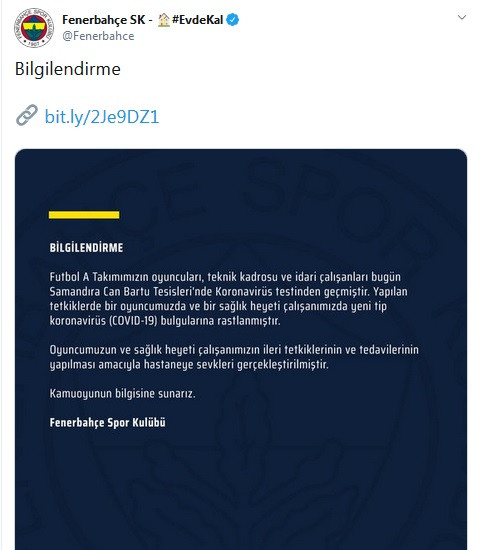 Fenerbahçe'de bir futbolcu ve sağlıkçının koronavirüs testi pozitif çıktı - Resim : 2