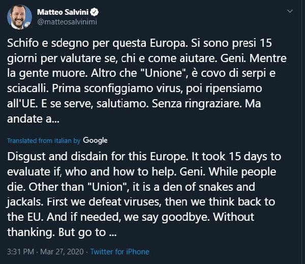 İtalya’nın eski Başbakanı Matteo Salvini'den AB'ye: Yılanlar ve çakallar mağarası - Resim : 1