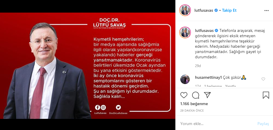 Koronavirüse yakalandığı iddia edilen Hatay Büyükşehir Belediye Başkanı Lütfü Savaş'tan açıklama - Resim : 1