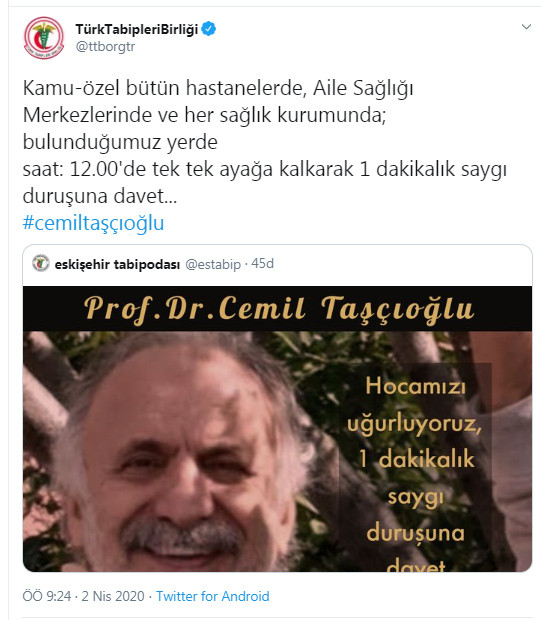 TTB'den Prof. Taşçıoğlu için saygı duruşu çağrısı - Resim : 1
