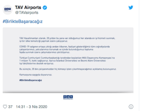 TAV Havalimanları koronavirüs sürecinde 35 bin çalışanını işten çıkartmayacağını açıkladı - Resim : 1