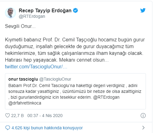 Erdoğan'dan Prof. Dr. Cemil Taşçıoğlu'nun oğluna yanıt: Hatırası hep yaşayacak - Resim : 1