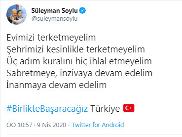 Süleyman Soylu'dan 'Evimizi, şehrimizi kesinlikle terk etmeyelim' uyarısı - Resim : 1