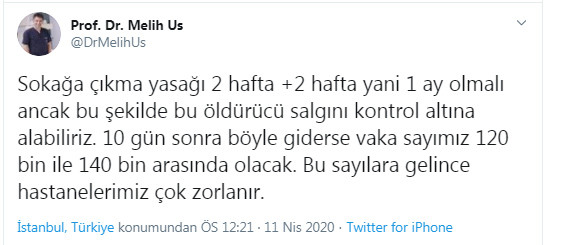 Prof. Dr. Melih Us: Sokağa çıkma yasağı en az 1 ay olmalı - Resim : 1