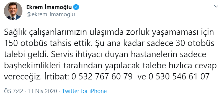 İmamoğlu duyurdu: Sağlık çalışanları için 150 otobüs tahsis edildi - Resim : 1