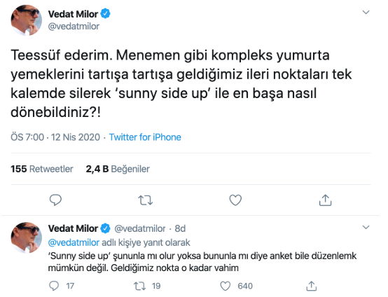 Vedat Milor'dan 'sunny side up' tepkisi: Menemenden nasıl başa dönebildiniz, teessüf ederim! - Resim : 1