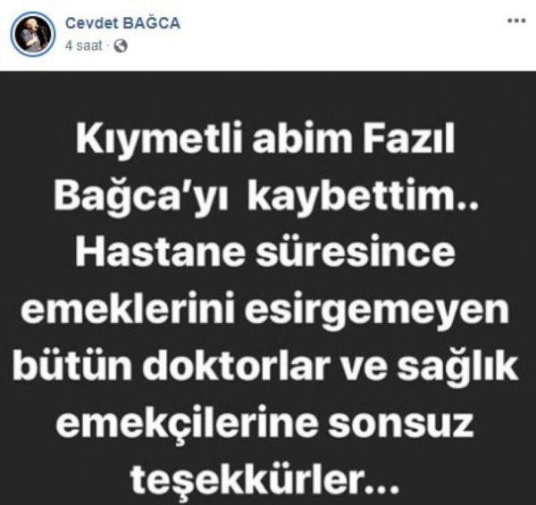 Sanatçı Cevdet Bağca'nın ağabeyi Fazıl Bağca koronavirüs nedeniyle vefat etti - Resim : 1