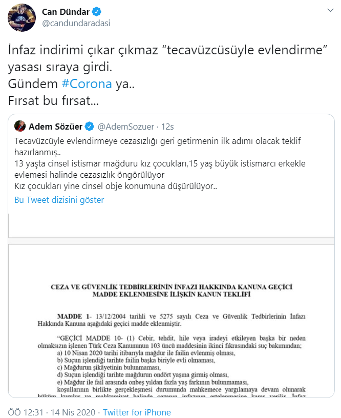 Can Dündar'dan infaz yasasındaki ek maddeye tepki: Çıkar çıkmaz, 'tecavüzcüsüyle evlendirme' yasası sıraya girdi - Resim : 1