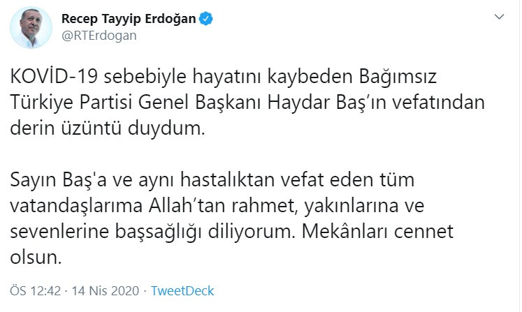 Erdoğan'dan Haydar Baş için başsağlığı mesajı - Resim : 1