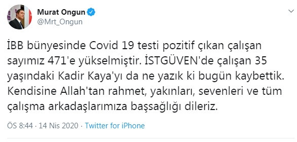 İBB'de koronavirüsten bir ölüm daha! Pozitif vaka sayısı 471'e yükseldi - Resim : 1