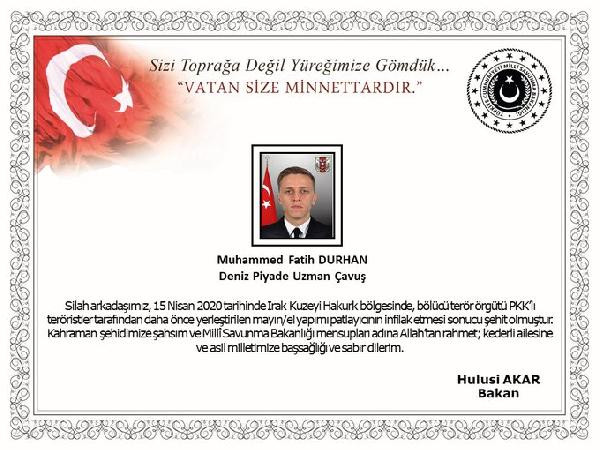 Hulusi Akar'dan şehit asker için başsağlığı mesajı - Resim : 1