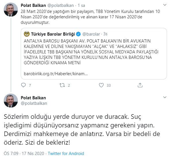 TBB'den Antalya Barosu Başkanı Balkan'a Feyzioğlu hakkındaki sözleri nedeniyle kınama cezası - Resim : 1