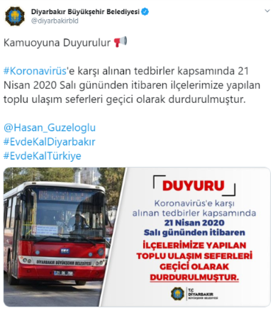 Diyarbakır'da koronavirüs nedeniyle toplu taşıma seferleri geçici olarak durduruldu - Resim : 1