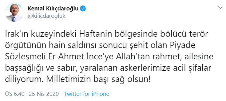 Kılıçdaroğlu'ndan şehit asker için başsağlığı mesajı - Resim : 1