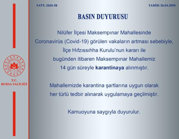 Bursa'da 1 mahalle daha karantinaya alındı - Resim : 1