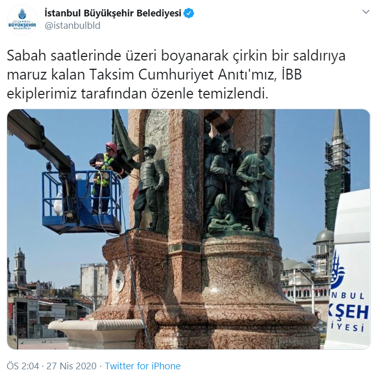 İBB ekipleri, Taksim'deki Cumhuriyet Anıtı'na saldırının ardından harekete geçti - Resim : 1