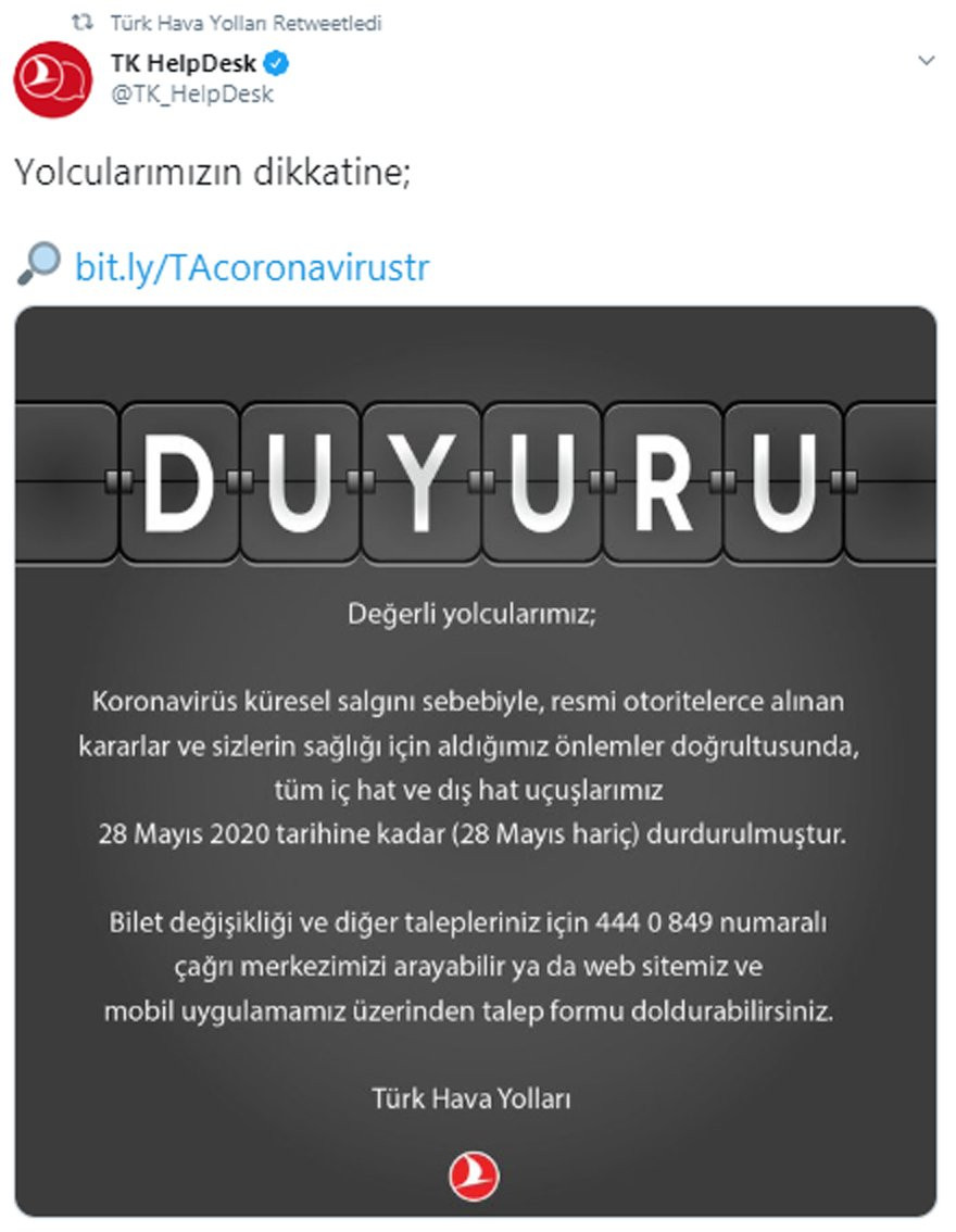 THY'den açıklama! 28 Mayıs'a kadar tüm uçuşlar durduruldu - Resim : 1