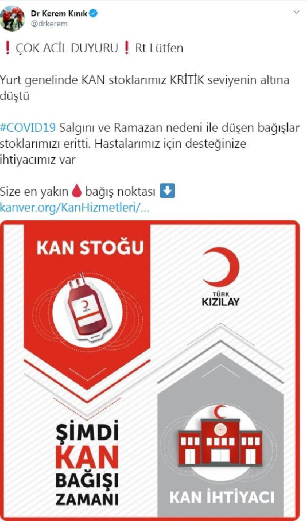 Kızılay Başkanı Kerem Kınık'tan kan bağışı çağrısı - Resim : 1