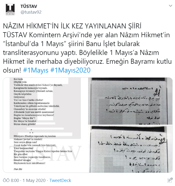Nazım Hikmet'in 'İstanbul'da 1 Mayıs' şiiri ilk kez yayımlandı - Resim : 1