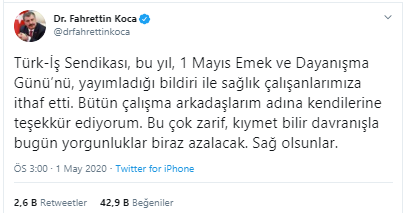 Fahrettin Koca'dan Türk - İş'e 1 Mayıs teşekkürü - Resim : 1