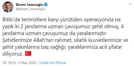 Ekrem İmamoğlu'ndan Bitlis şehitleri için başsağlığı mesajı - Resim : 1