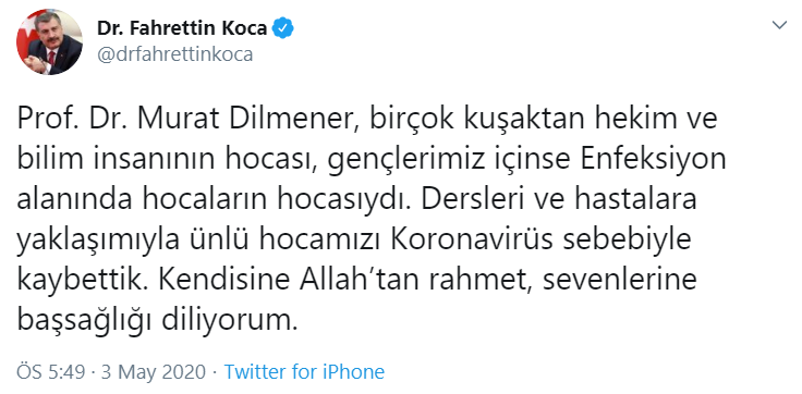 Bakan Koca'dan koronavirüse yenik düşen Prof. Dr. Dilmener'e taziye mesajı - Resim : 2