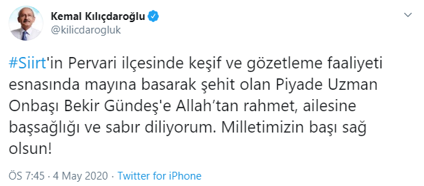 Kılıçdaroğlu'ndan şehit Piyade Uzman Onbaşı Bekir Gündeş için başsağlığı mesajı - Resim : 1