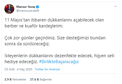 Mansur Yavaş'tan 11 Mayıs'ta açılacak berber ve kuaförlere destek - Resim : 1