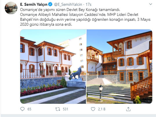 Bahçeli'nin Osmaniye'de doğduğu evin yerine Devlet Bey Konağı yapıldı - Resim : 1