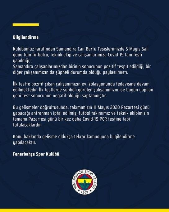 Fenerbahçe'den korkutan koronavirüs açıklaması! Tüm futbolculara test yapılacak - Resim : 1