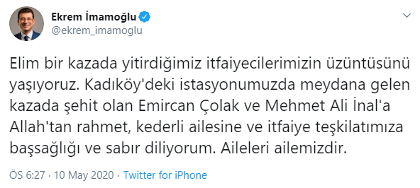 Ekrem İmamoğlu'ndan tatbikatta hayatını kaybeden itfaiye erleri için taziye mesajı - Resim : 1