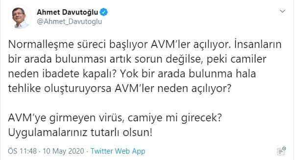 Davutoğlu'ndan 'normalleşme' eleştirisi: AVM’ye girmeyen virüs, camiye mi girecek? - Resim : 1