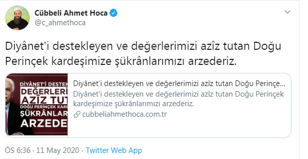 Cübbeli Ahmet'ten Doğu Perinçek'e teşekkür - Resim : 1